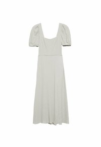 Vestido midi gris claro con tejido texturizado, escote cuadrado, mangas abullonadas y una falda fluida con una abertura lateral.