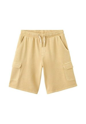 Béžové šortky na šnúrku s elastickým pásom, prednými vreckami a náprsnými vreckami na každom stehne, vyrobené z mäkkej látky.