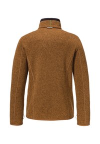 Braun-fleecejacke mit hohem Kragen, strukturiertem Stoff, seitlichen Nähten und kontrastierenden Nähten. Die Rückansicht zeigt keine sichtbaren Verschlusselemente oder Akzente.