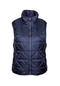 Marineblaue ärmellose Steppweste aus glänzendem Stoff, mit hohem Kragen und durchgehendem Reißverschluss sowie rautenförmiger Steppung.