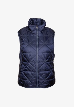 Navy blue sleeveless quilted vest made from shiny fabric, featuring a high collar and front zip closure with diamond-shaped stitching.