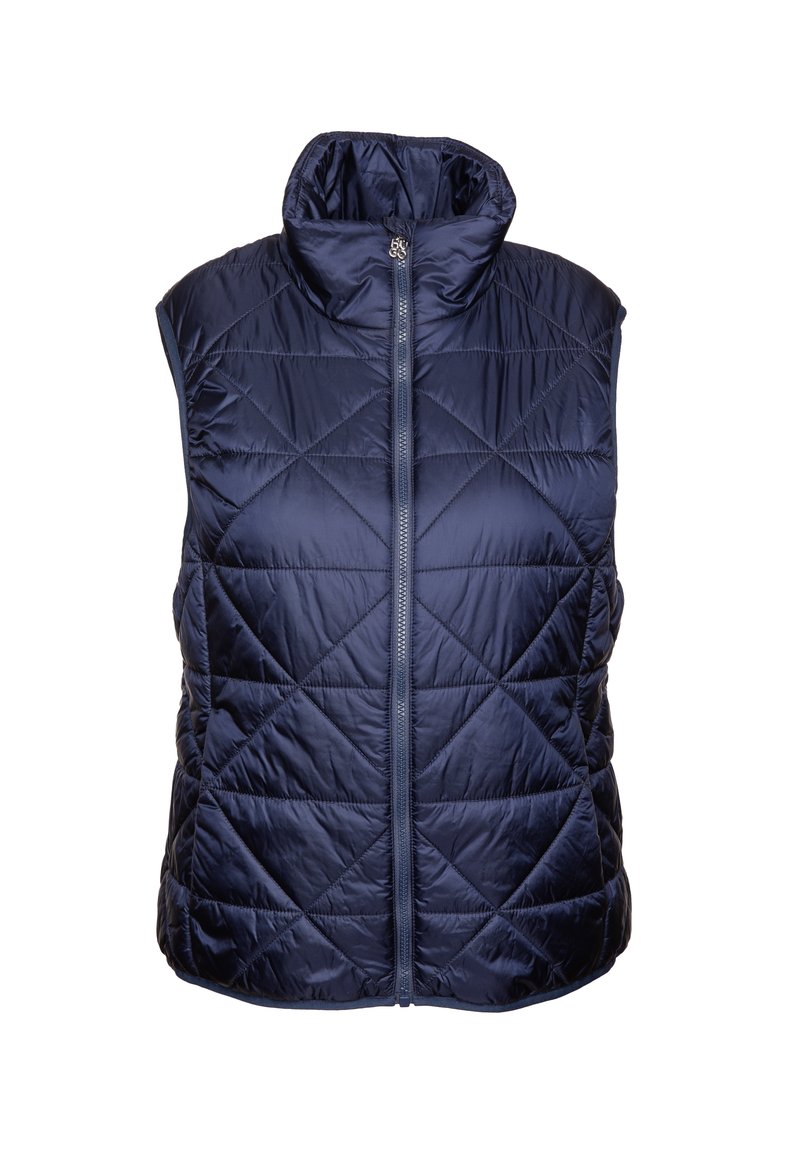 Marineblaue ärmellose Steppweste aus glänzendem Stoff, mit hohem Kragen und durchgehendem Reißverschluss sowie rautenförmiger Steppung.