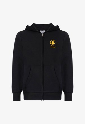 Zwarte hoodie met ritssluiting, voorzakken en een geel "Authentic Athleticwear" logo op de linkerborst, geribbelde manchetten en een capuchon.