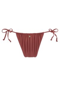Bas de bikini côtelé de couleur rouille, avec des liens ajustables de chaque côté et un petit accent en métal. Matière de maillot de bain lisse et extensible.