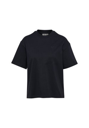 Sort t-shirt med korte ærmer og rund hals, løs pasform og diskret tonet logo på øverste venstre bryst.