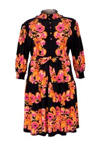 Schwarzes Kleid mit lebhaften orangen und rosa Blumenmustern, einem hohen, gerafften Ausschnitt, einer Knopfleiste vorne und einem Taillengürtel für eine figurbetonte Passform.