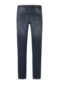 Dunkelblaue Jeans mit geradem Bein, fünf Taschen und einem markierten Rückenteil. Die Textur ist glatt mit subtilen Nähakzenten.