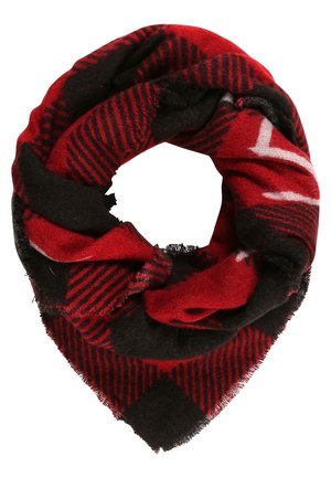 Rot-schwarz kariertes Wollschal, zu einer kreisförmigen Form gefaltet, mit Fransen an den Rändern.