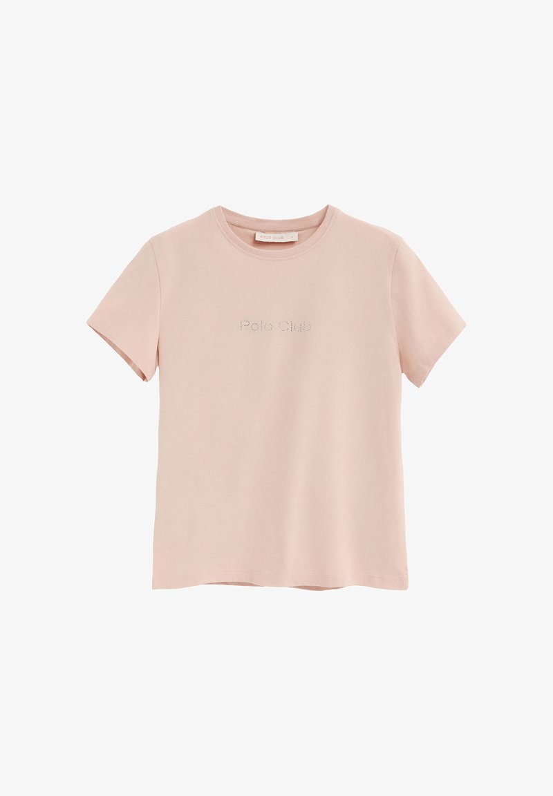 T-shirt rose clair à manches courtes avec col rond et texte subtil « Polo Club » en petits points perforés sur le devant.