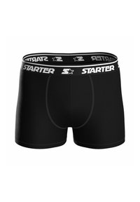 Boxers negros hechos de tejido elástico, con una amplia cinturilla elástica que presenta la marca "STARTER" y detalles de costura en contraste.