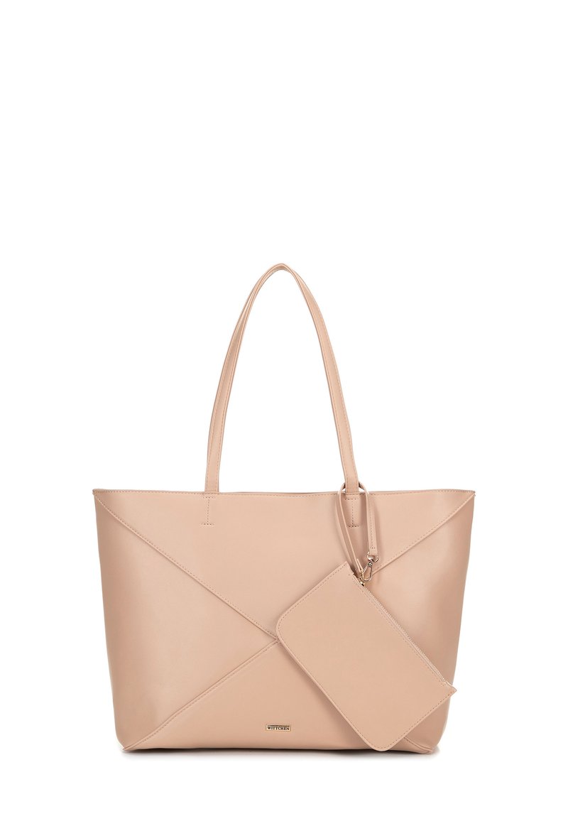 Grote beige tote bag van soepel leer, met een geometrisch ontwerp en een afneembare pouch met een zilverkleurige hardwareaccent.
