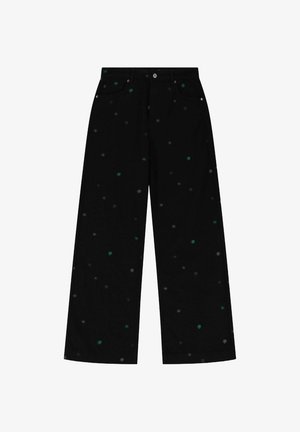 Black wide-leg pants with subtle green, brown, and gray starburst patterns scattered across the fabric, featuring front pockets and belt loops.