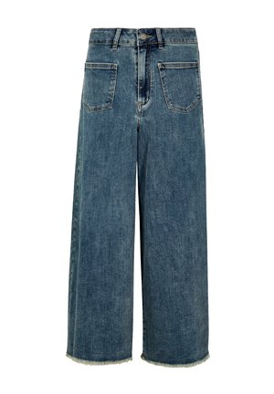 Jeans in denim a gamba larga di blu medio, con vita alta, cinque tasche e dettagli con orlo raw. Realizzati in cotone con una finitura leggermente sbiadita.