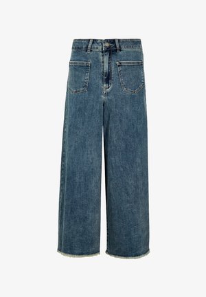 Weite Jeans aus Denim in Mittelblau, mit hoher Taille, fünf Taschen und rohem Saum. Aus Baumwolle mit einem leicht ausgewaschenen Finish gefertigt.