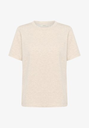 Licht beige t-shirt met korte mouwen, ronde hals, gemaakt van zacht stof met een subtiele textuur en een relaxte pasvorm. Geen zichtbare patronen of accenten.