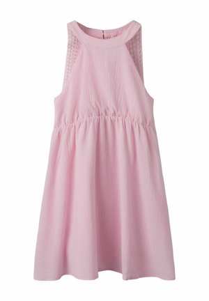 Abito senza maniche rosa chiaro con tessuto strutturato, vita arricciata e dettagli in rete ai lati superiori e alla scollatura posteriore.