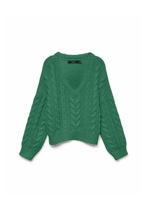 Pull en mailles torsadées vert avec un décolleté en V, des manches longues et une coupe courte. Tissu épais et texturé avec des motifs en relief et des bords côtelés.