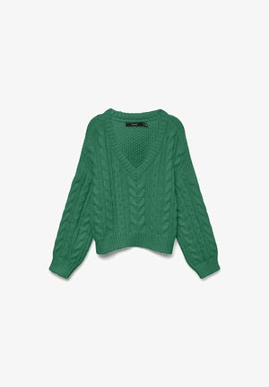 Pull en mailles torsadées vert avec un décolleté en V, des manches longues et une coupe courte. Tissu épais et texturé avec des motifs en relief et des bords côtelés.