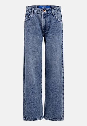 Blaue Jeans aus Denim mit weitem Bein und hoher Taille, ausgestattet mit einem Knopfverschluss, Gürtelschlaufen und fünf Taschen. Überall mit einer Used-Optik versehen.