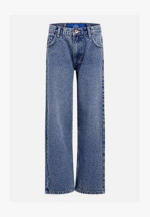 Jeans di denim blu a gamba larga con vita alta, dotati di chiusura con bottoni, passanti per cintura e cinque tasche. Texture consumata su tutta la superficie.