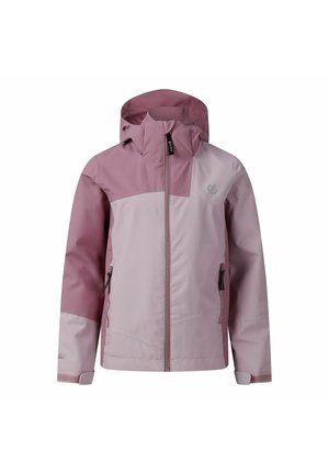 Zweifarbige pinke wasserdichte Jacke mit Reißverschluss vorne, Kapuze, seitlichen Reißverschlusstaschen und verstellbaren Handgelenkriemen, dargestellt auf weißem Hintergrund.