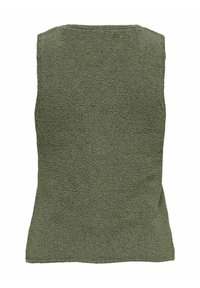 Top senza maniche di colore verde oliva realizzato in materiale felpato e testurizzato. Design semplice con scollatura arrotondata e senza cuciture o decorazioni visibili.
