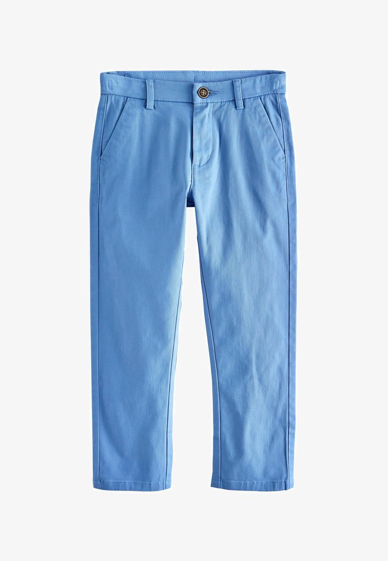Pantalon bleu clair droit avec poches latérales, passants pour ceinture et une fermeture à un bouton marron à la taille.