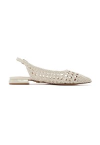 Woven beige slingback shoe with a pointed toe and low, angular, light-colored heel featuring cut-out detail on the upper.