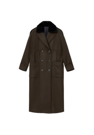 Long, double-breasted coat in dark olive green fabric, featuring a black fur collar, two front pockets, and a tailored silhouette.