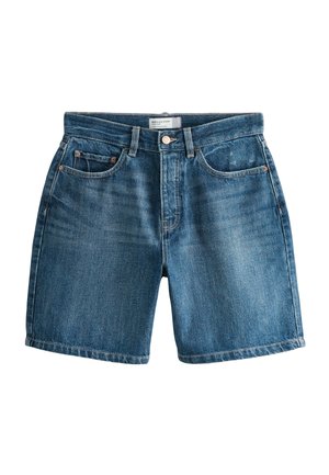 Blue denim Bermuda shorts with front button, belt loops, and front and coin pockets on a white background.