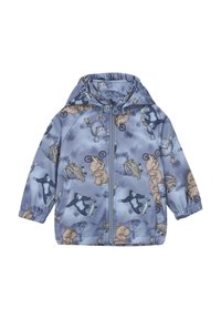 Veste d'enfants en matériau léger, avec un fond bleu et des motifs d'animaux ludiques aux couleurs variées et aux détails.