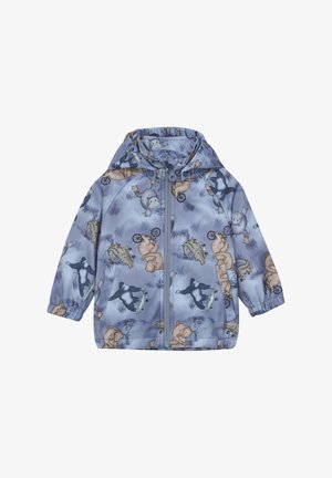 Kurtka dziecięca wykonana z lekkiego materiału, z niebieskim tłem i zabawnymi wzorami zwierząt w różnych kolorach oraz detalach.