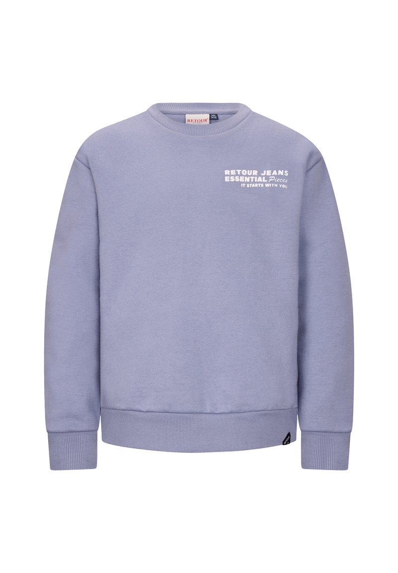 Lichtpaarse sweatshirt gemaakt van een katoenmix. Heeft een ronde hals, geribbelde mouwen en onderkant, met witte tekst op de voorkant: "RETOUR JEANS ESSENTIAL."