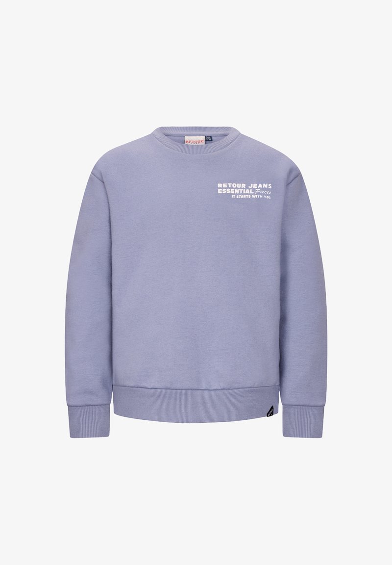 Felpa lilla realizzata in misto cotone. Presenta un collare a girocollo, polsini e orlo a costine, con testo bianco sul davanti: "RETOUR JEANS ESSENTIAL."