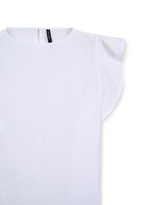 Blusa bianca a maniche corte con scollo rotondo e chiusura a occhio di bue sul retro. Il tessuto sembra leggero con una texture leggermente stropicciata.