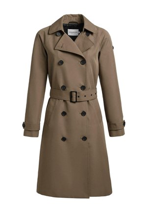 Khaki trench coat with double-breasted black buttons, belted waist, wide collar, and buttoned sleeve straps, mid-length design.