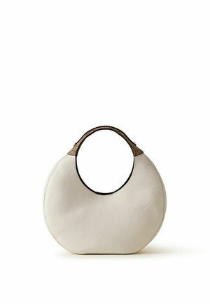 Sac à main en cuir blanc texturé avec une silhouette ronde et des anses marron à motif peau de serpent sur fond blanc.