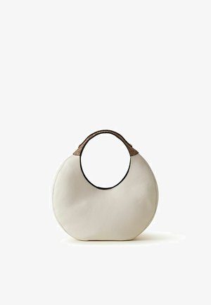 White textured leather handbag with round silhouette and brown snakeskin-patterned handles on a white background.