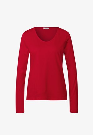 Punainen pitkähihainen t-paita, jossa on avara kaula-aukko, valmistettu pehmeästä puuvillakankaasta, sileällä pinnalla ja vartalonmyötäisellä leikkauksella.