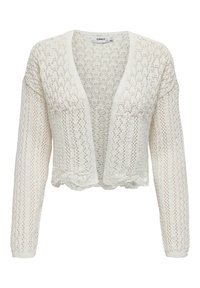 Biały dziergany kardigan z otwartym przodem, koronkowym wzorem, długimi rękawami i krótkim dołem. Teksturowane wykończenie i prążkowane mankiety. Widoczna metka marki.