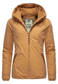 Tan hooded jacket featuring a zip closure, side pockets, ribbed cuffs, and a floral-patterned lining. Made from smooth, water-resistant material.