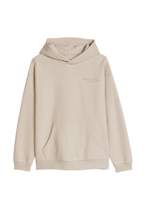 Beige hoodie met voorvak in de vorm van een kangoeroezak en een subtiel Marc O'Polo-logo op de borst, lange mouwen met geribde boorden.