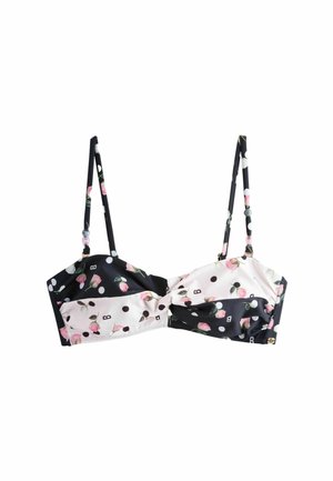 Black and white floral bra with thin adjustable straps, featuring pink rose patterns and small polka dots.