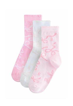 Three pairs of socks: two in light pink with white script and one in white with pink accents. Soft, cotton blend with ribbed cuffs.