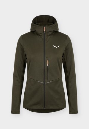 Tume roheline kapuutsiga jope esiluku, rinnatasku tõmblukuga ja vasakul rinnal helkurlogo, mõeldud välitingimustes kasutamiseks.