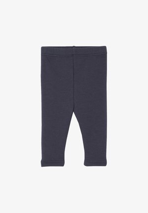 Navy blue leggings made of soft, stretchy cotton fabric, featuring a fitted design with an elastic waistband and hemmed cuffs.