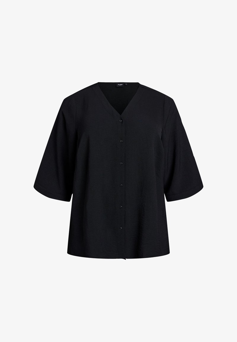 Blusa nera a maniche corte con scollatura a V, bottoni frontali e vestibilità ampia. Realizzata in tessuto strutturato, offre un aspetto leggero.