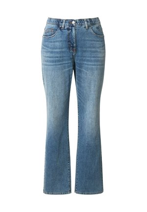 Lichtblauwe, flared jeans van denim met een middelhoge taille, elastische tailleband, vijf zakken en subtiele vervaging. Voorzien van riemlussen en gestikte accenten.