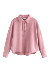 Pull-over rose côtelé avec col et ourlet arrondi, doté d'une patte de boutonnage à cinq boutons et de manches longues, fabriqué en tissu doux avec une finition texturée.