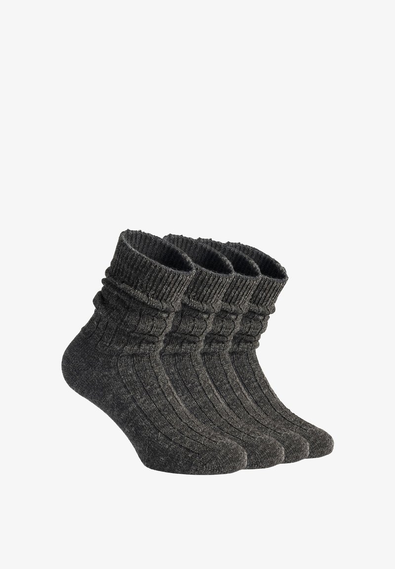 Cztery pary ciemnoszarych skarpetek z prążkowanej bawełny, z grubą, amortyzującą mankietą i gładką fakturą, zaprojektowane z myślą o komforcie i cieple.